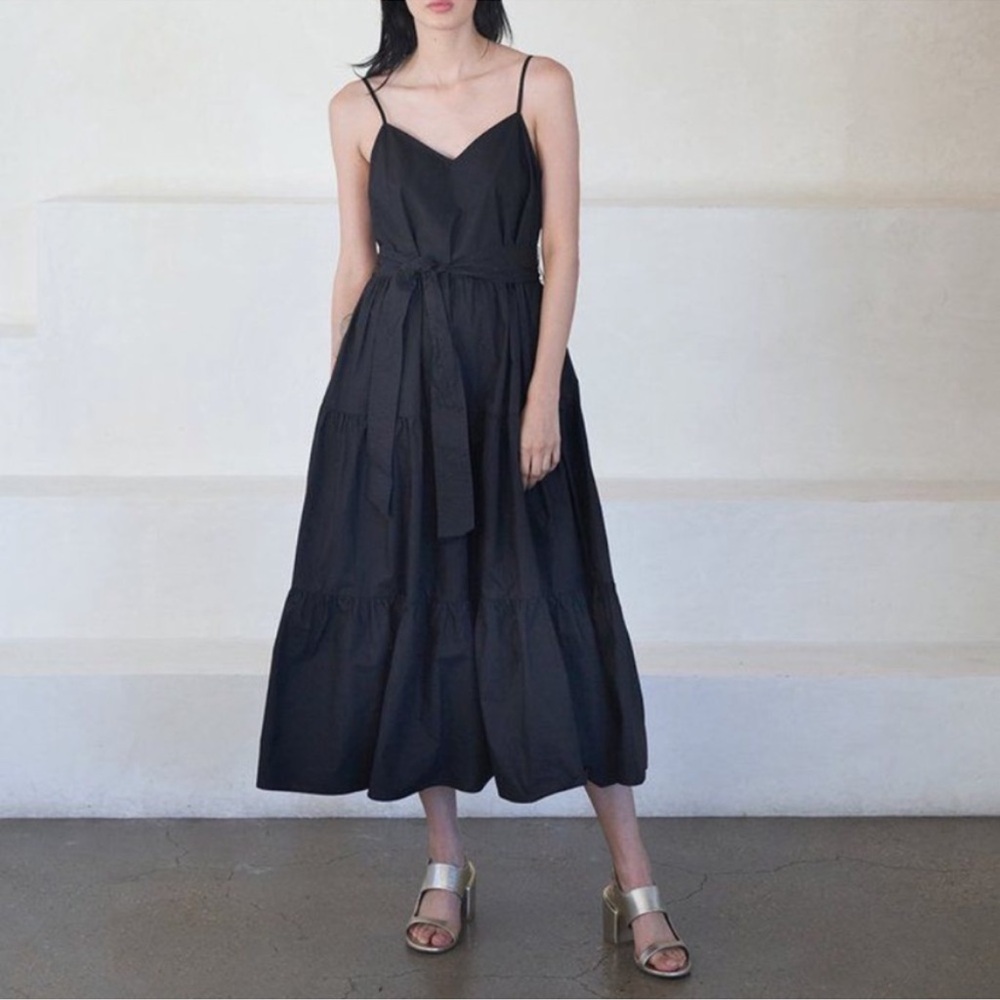 Apiece Apart Marjana Black MIDI Dress Spaghetti Straps Tiered Cotton SIZE 0